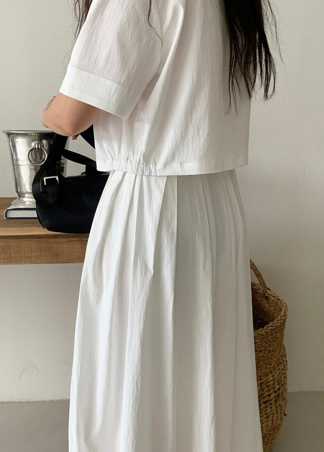 壓褶寬鬆短袖恤衫+高腰百褶半身裙set