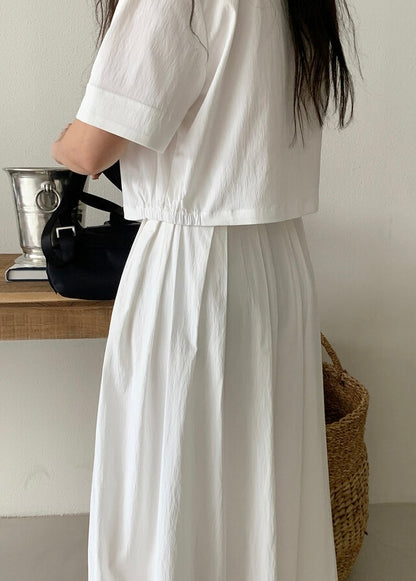 壓褶寬鬆短袖恤衫+高腰百褶半身裙set