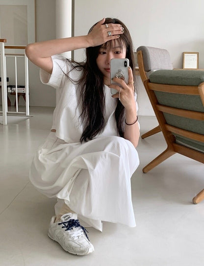 壓褶寬鬆短袖恤衫+高腰百褶半身裙set