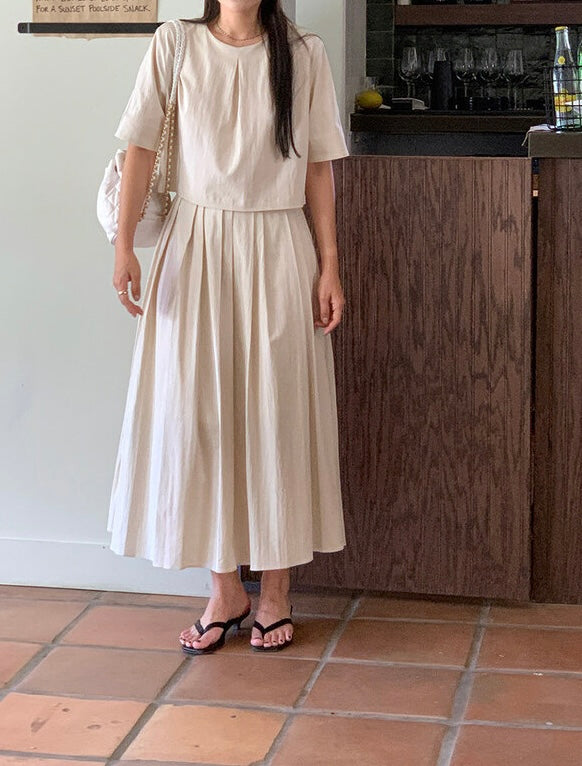 壓褶寬鬆短袖恤衫+高腰百褶半身裙set