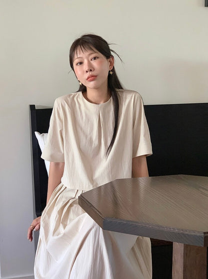 壓褶寬鬆短袖恤衫+高腰百褶半身裙set