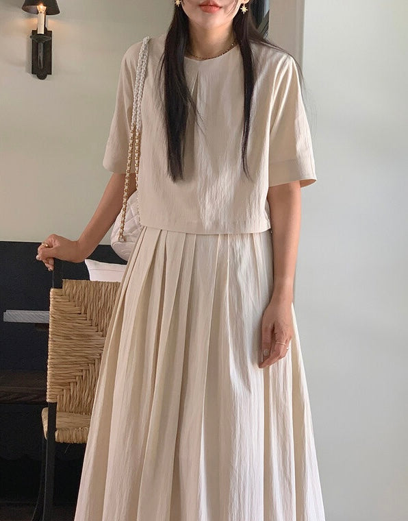 壓褶寬鬆短袖恤衫+高腰百褶半身裙set