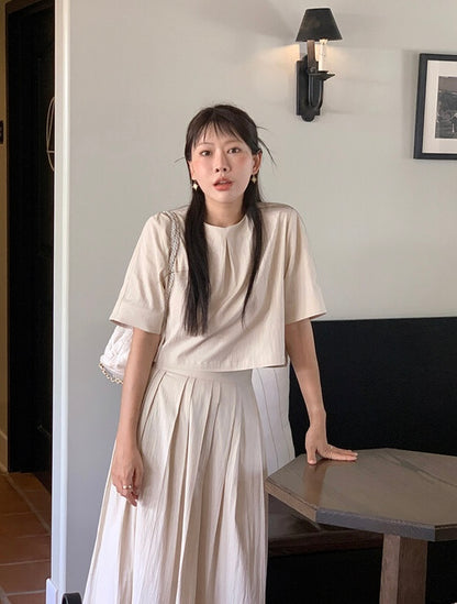 壓褶寬鬆短袖恤衫+高腰百褶半身裙set