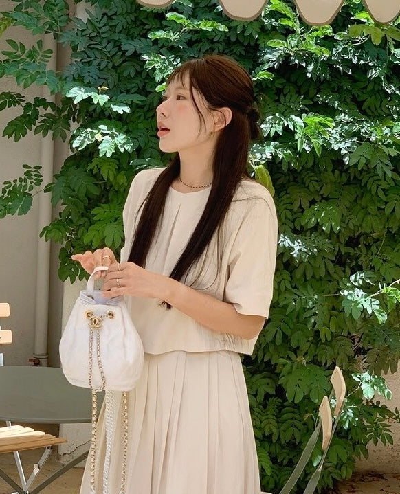 壓褶寬鬆短袖恤衫+高腰百褶半身裙set