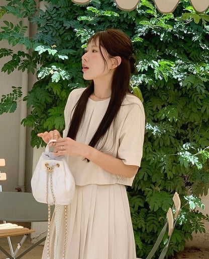 壓褶寬鬆短袖恤衫+高腰百褶半身裙set