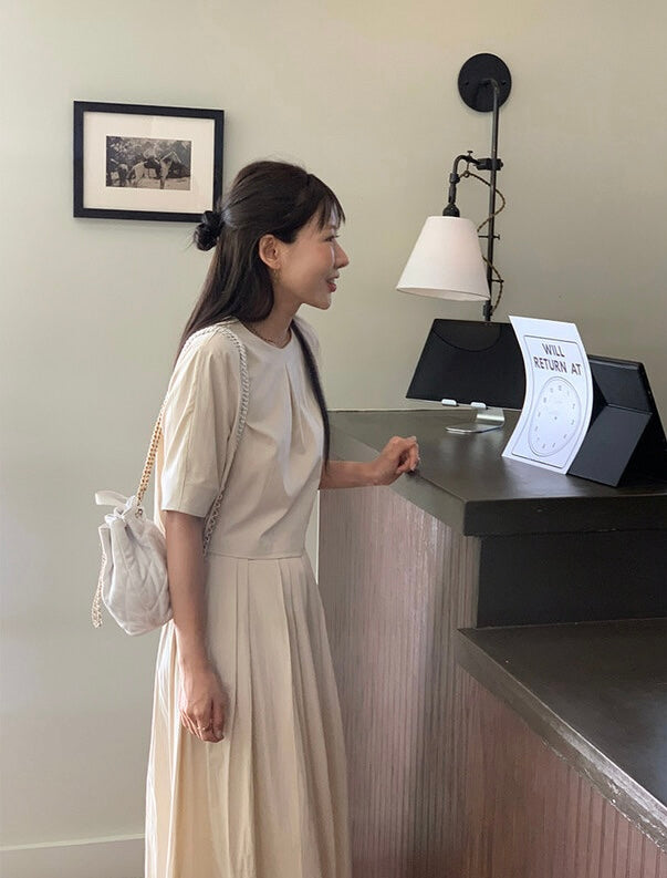 壓褶寬鬆短袖恤衫+高腰百褶半身裙set