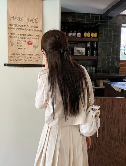 壓褶寬鬆短袖恤衫+高腰百褶半身裙set