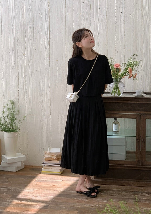 壓褶寬鬆短袖恤衫+高腰百褶半身裙set