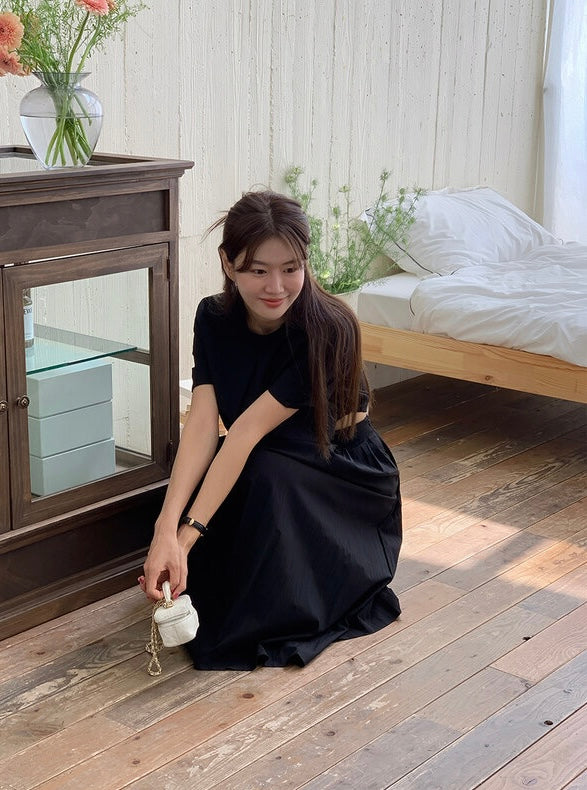 壓褶寬鬆短袖恤衫+高腰百褶半身裙set