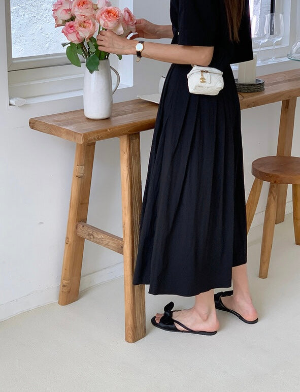 壓褶寬鬆短袖恤衫+高腰百褶半身裙set