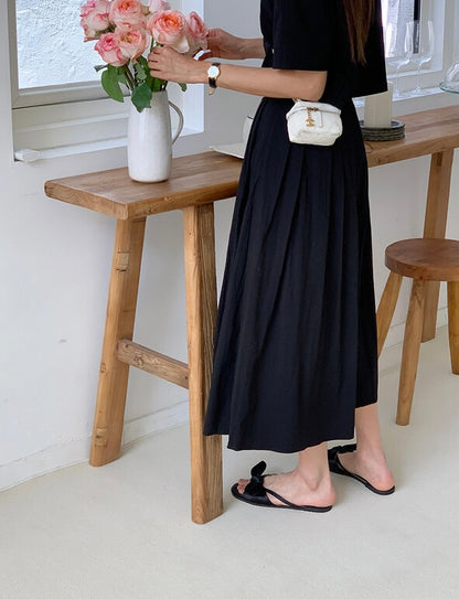 壓褶寬鬆短袖恤衫+高腰百褶半身裙set