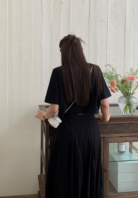 壓褶寬鬆短袖恤衫+高腰百褶半身裙set