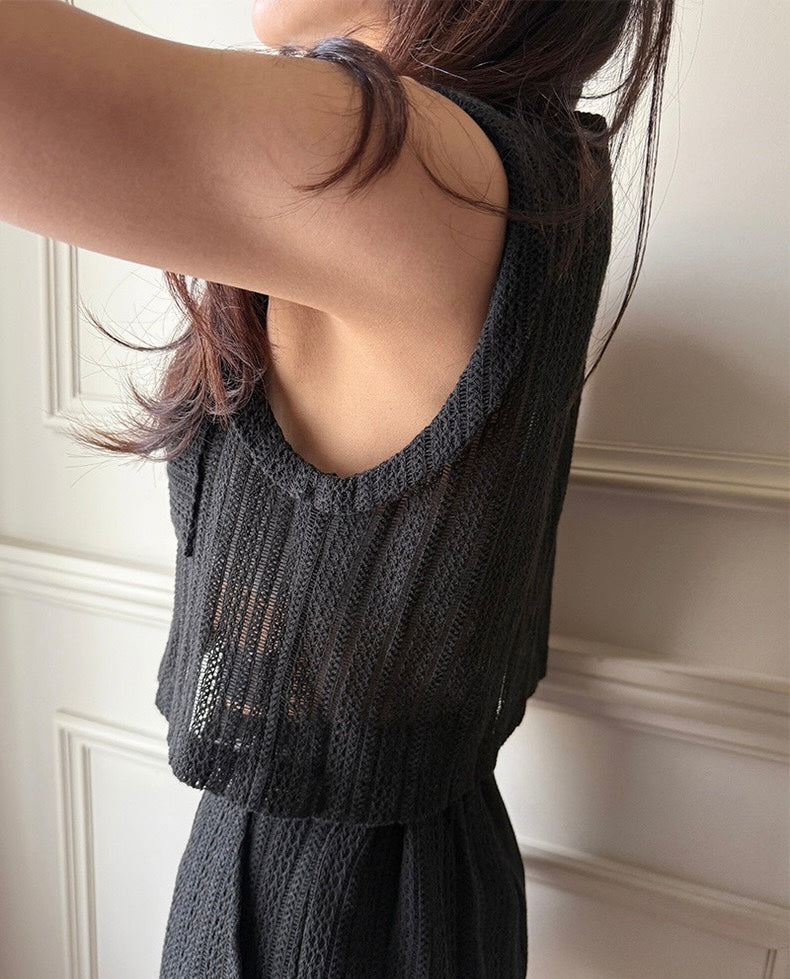 鏤空蕾絲背心+高腰卷邊短褲set