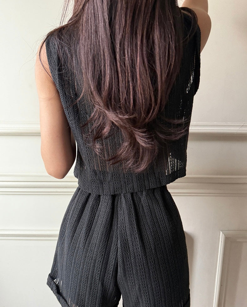 鏤空蕾絲背心+高腰卷邊短褲set