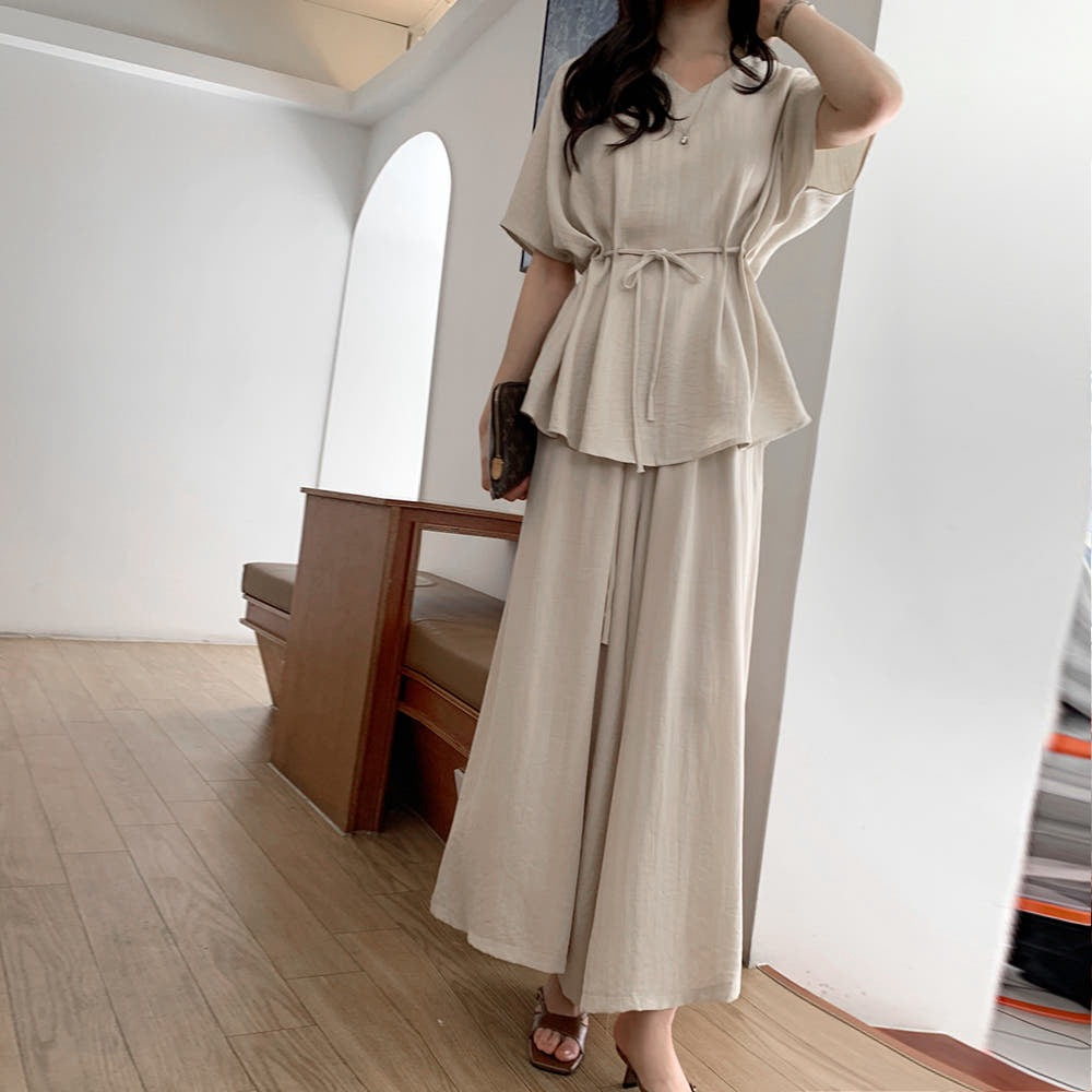 V-neck Loose Drawstring Waist Top + Elastic Waist Wide-leg Pants Set