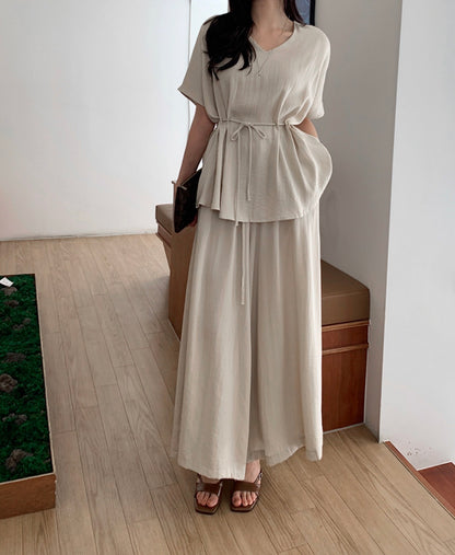 V-neck Loose Drawstring Waist Top + Elastic Waist Wide-leg Pants Set