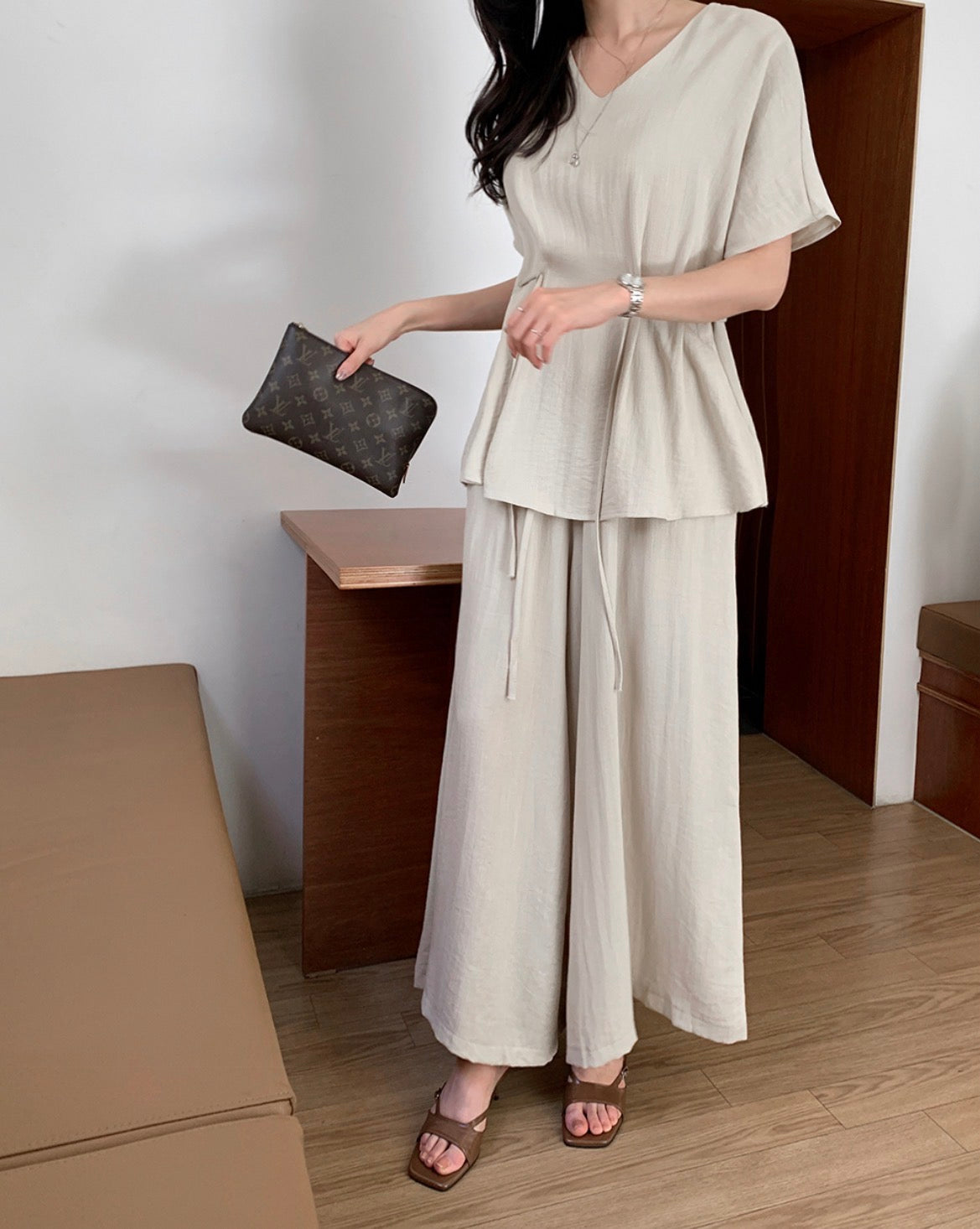 V-neck Loose Drawstring Waist Top + Elastic Waist Wide-leg Pants Set