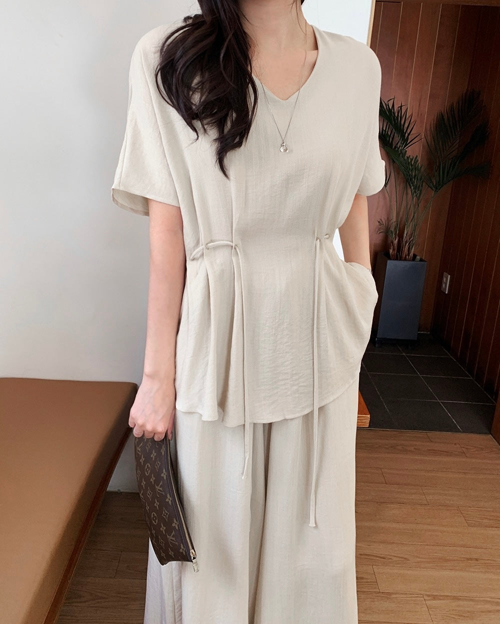 V-neck Loose Drawstring Waist Top + Elastic Waist Wide-leg Pants Set