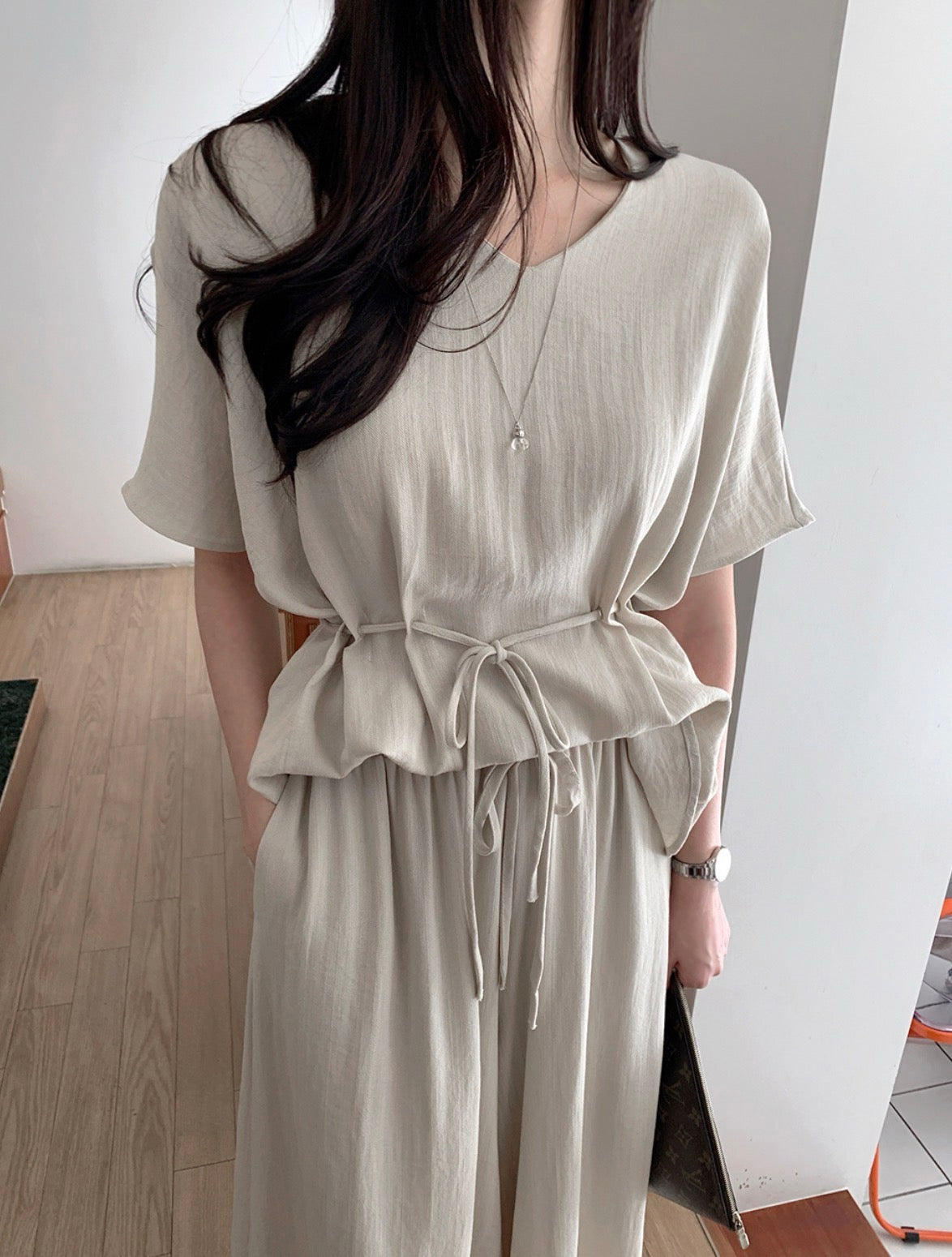V-neck Loose Drawstring Waist Top + Elastic Waist Wide-leg Pants Set