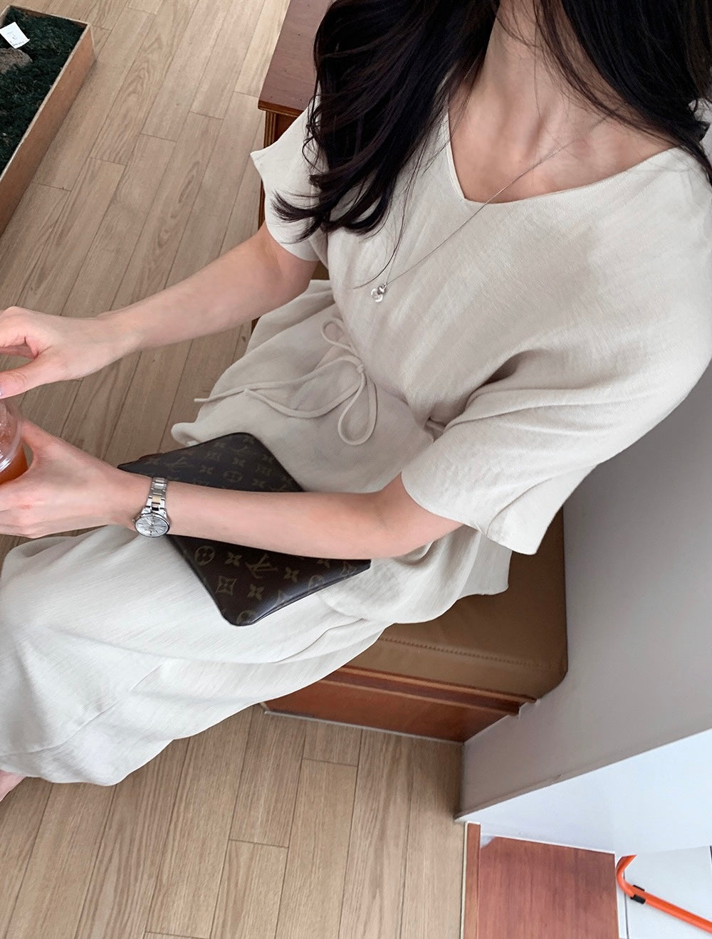 V-neck Loose Drawstring Waist Top + Elastic Waist Wide-leg Pants Set