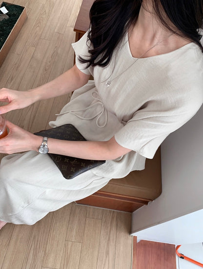 V-neck Loose Drawstring Waist Top + Elastic Waist Wide-leg Pants Set