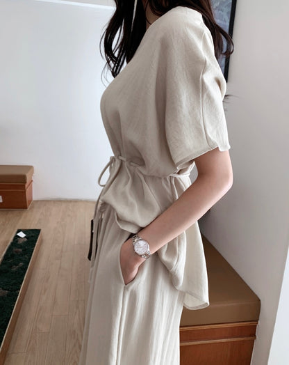 V-neck Loose Drawstring Waist Top + Elastic Waist Wide-leg Pants Set