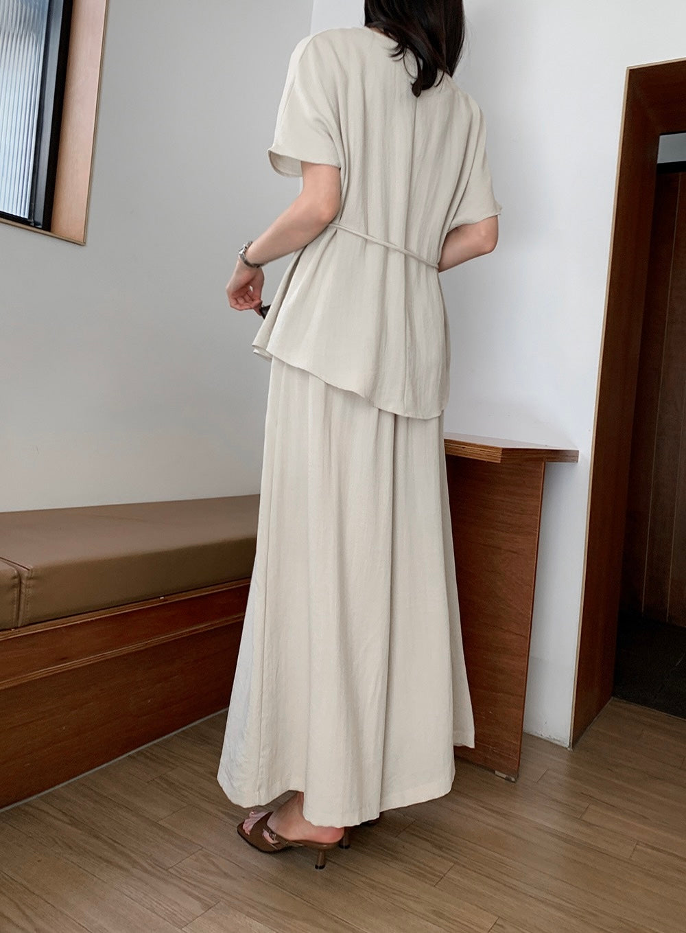 V-neck Loose Drawstring Waist Top + Elastic Waist Wide-leg Pants Set