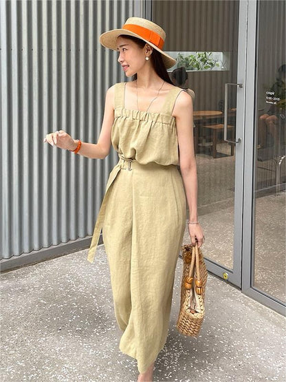 Square Neck Strap Top + High Waist Slit Tie Skirt Set