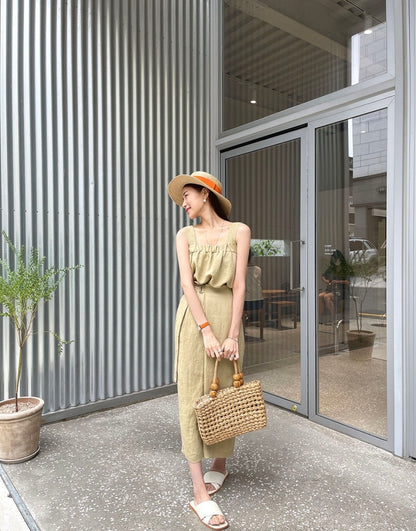 Square Neck Strap Top + High Waist Slit Tie Skirt Set