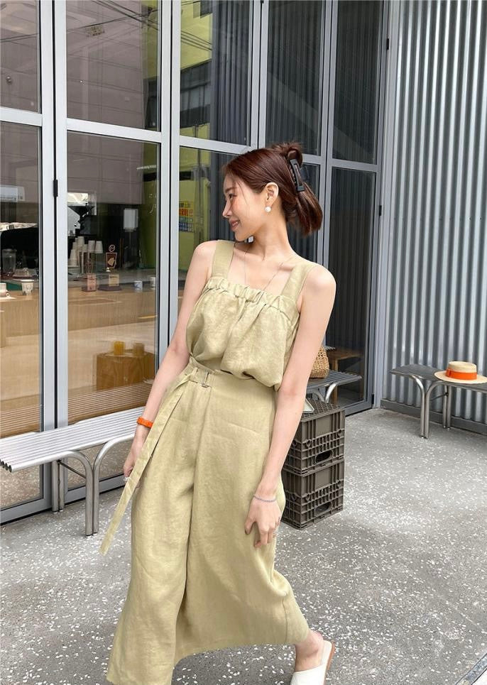 Square Neck Strap Top + High Waist Slit Tie Skirt Set