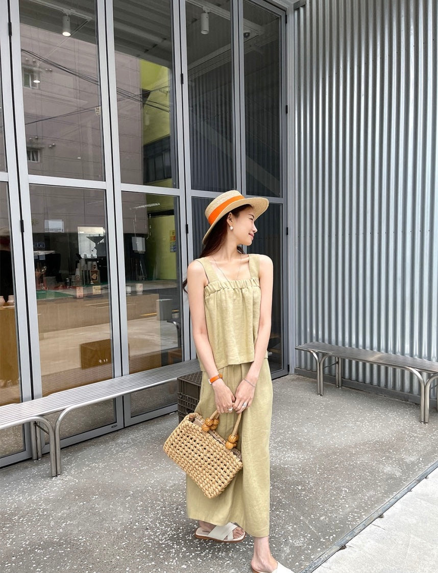 Square Neck Strap Top + High Waist Slit Tie Skirt Set