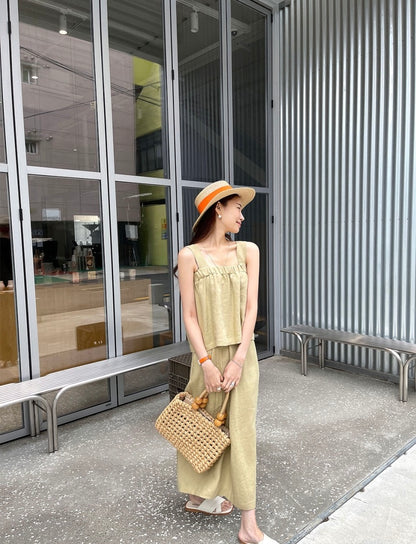 Square Neck Strap Top + High Waist Slit Tie Skirt Set