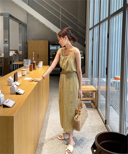 Square Neck Strap Top + High Waist Slit Tie Skirt Set