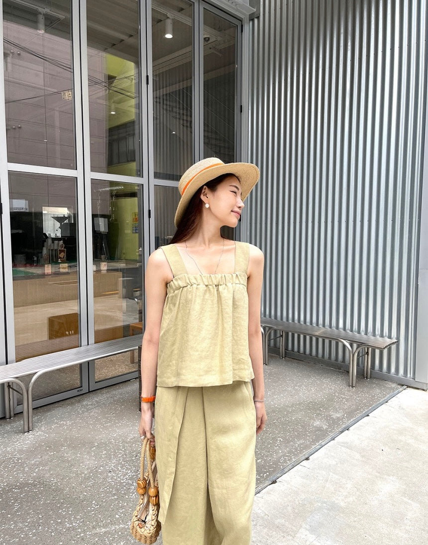 Square Neck Strap Top + High Waist Slit Tie Skirt Set