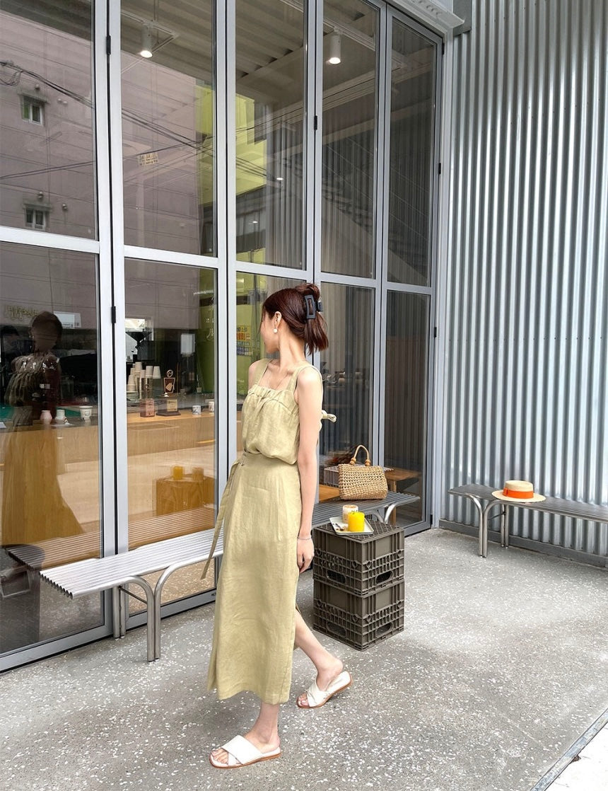 Square Neck Strap Top + High Waist Slit Tie Skirt Set