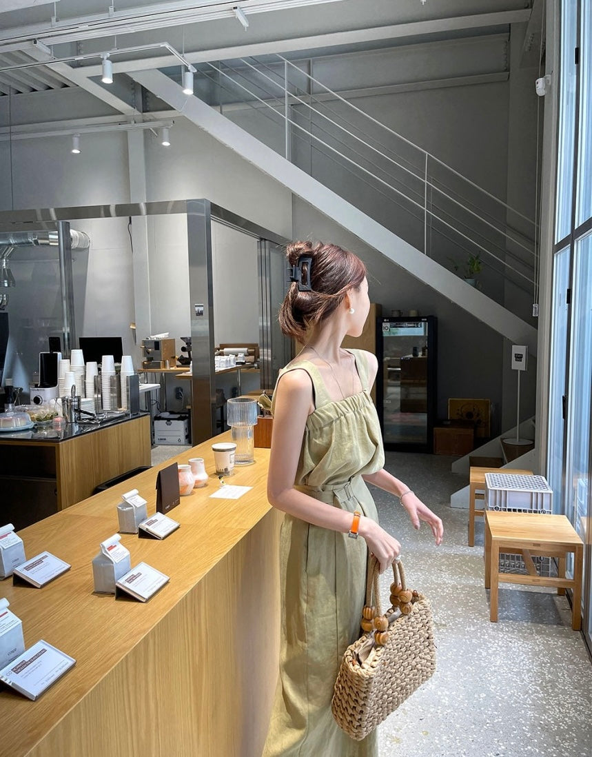 Square Neck Strap Top + High Waist Slit Tie Skirt Set