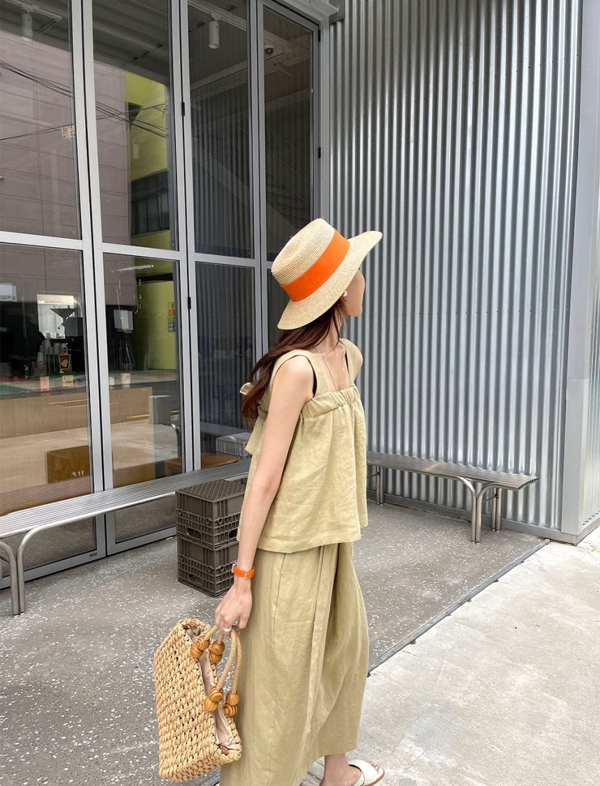 Square Neck Strap Top + High Waist Slit Tie Skirt Set