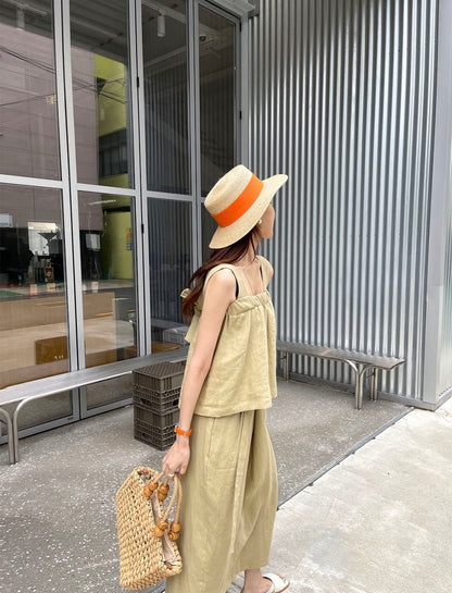 Square Neck Strap Top + High Waist Slit Tie Skirt Set