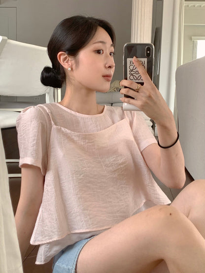 Puff Sleeve Chiffon Blouse + Textured Layered Camisole Set