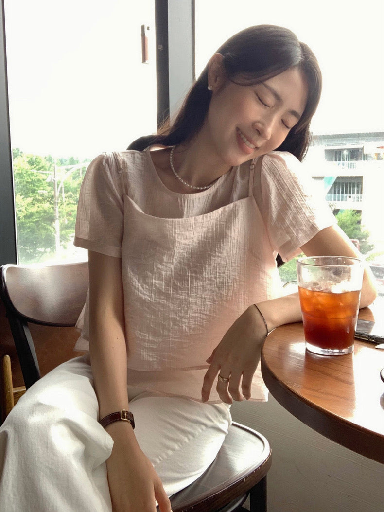 Puff Sleeve Chiffon Blouse + Textured Layered Camisole Set