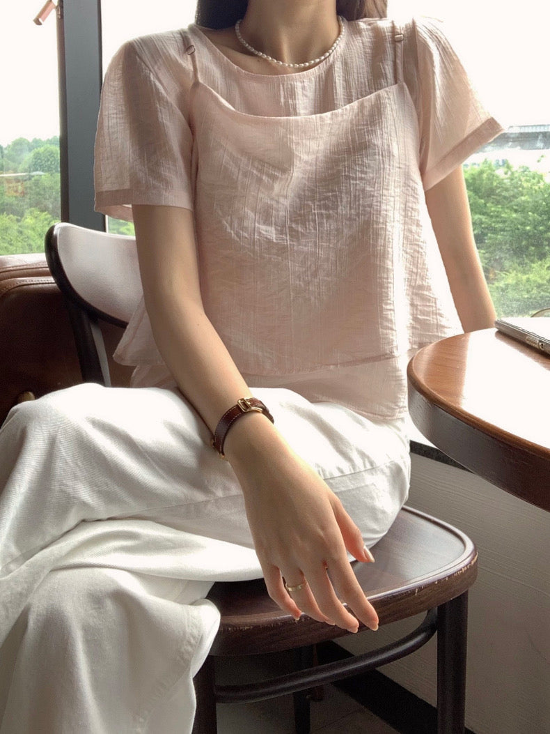 Puff Sleeve Chiffon Blouse + Textured Layered Camisole Set