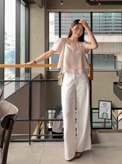 Puff Sleeve Chiffon Blouse + Textured Layered Camisole Set