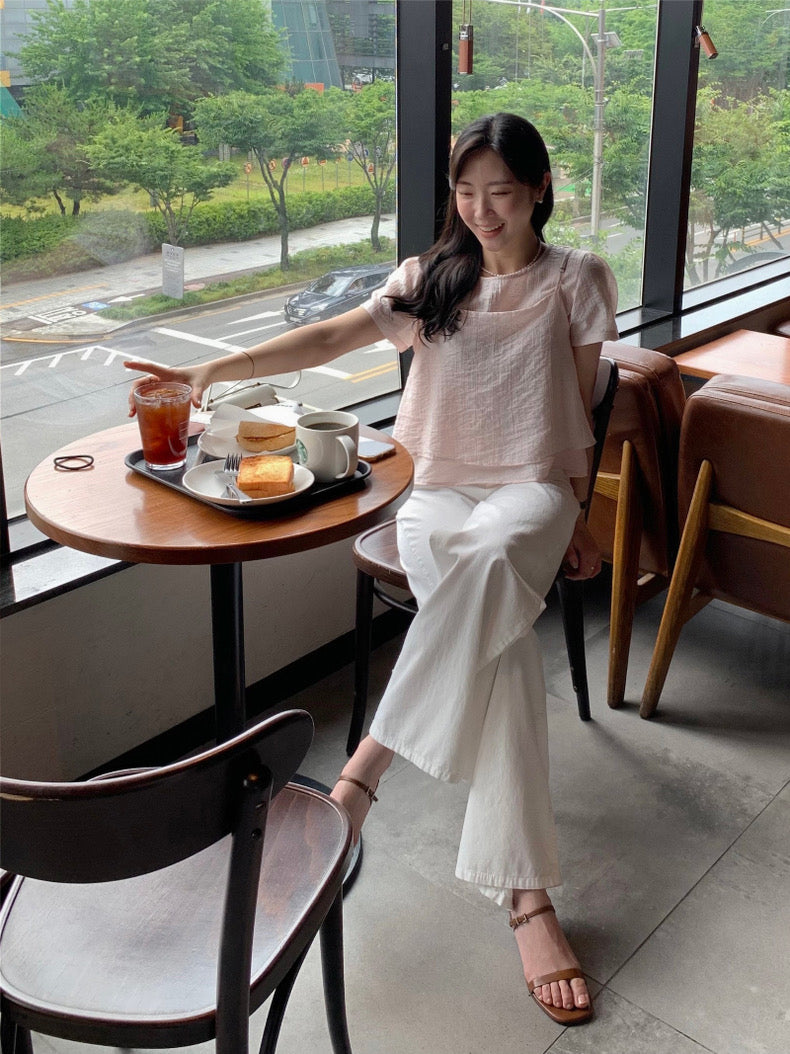 Puff Sleeve Chiffon Blouse + Textured Layered Camisole Set