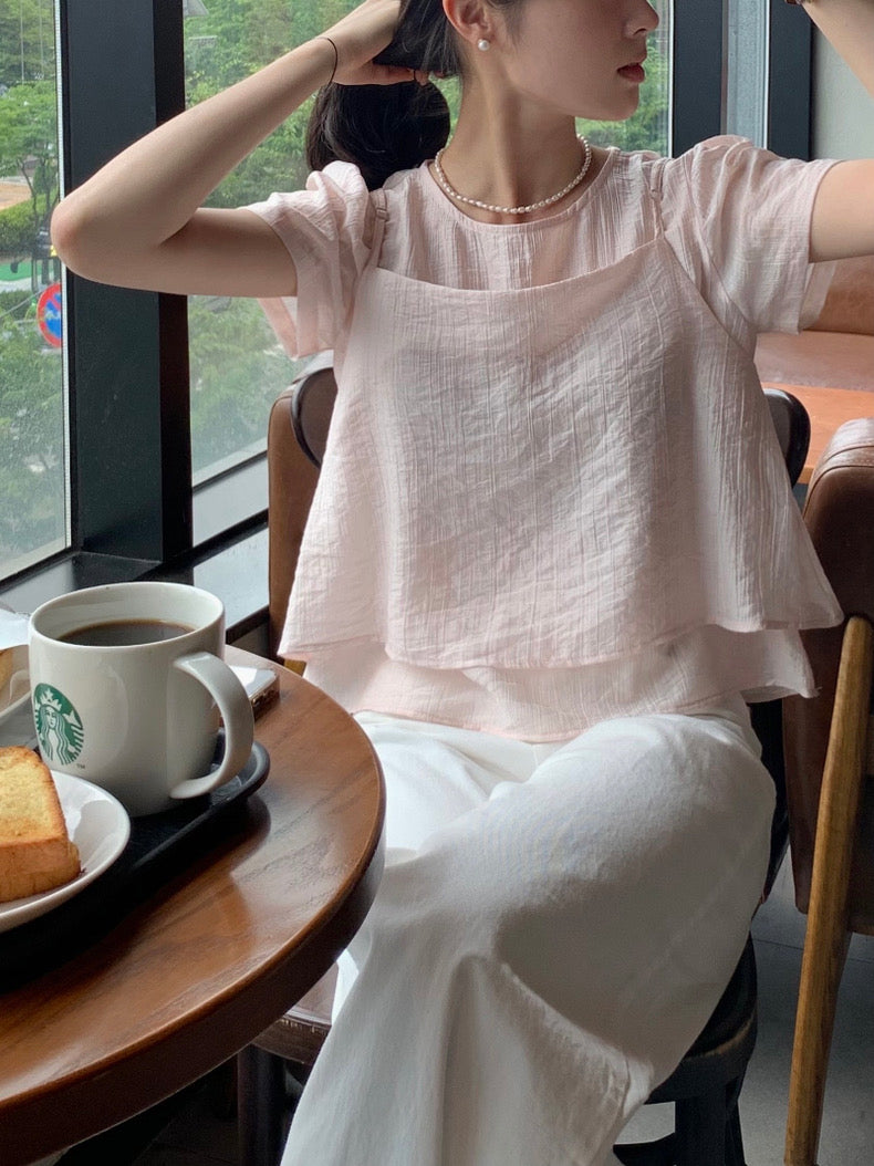 Puff Sleeve Chiffon Blouse + Textured Layered Camisole Set