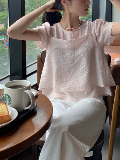 Puff Sleeve Chiffon Blouse + Textured Layered Camisole Set