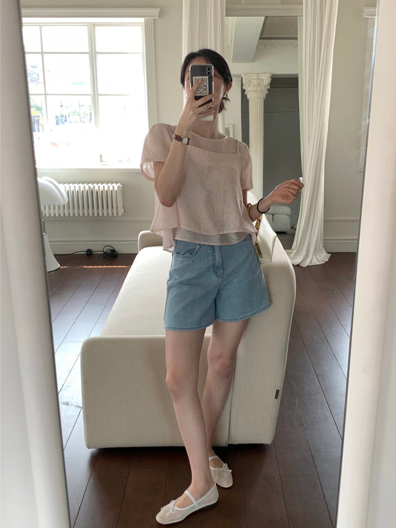 Puff Sleeve Chiffon Blouse + Textured Layered Camisole Set