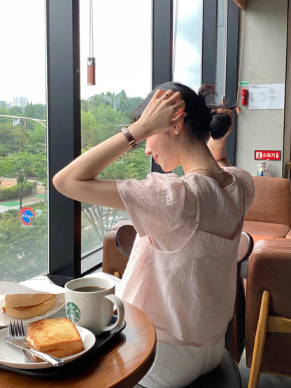 Puff Sleeve Chiffon Blouse + Textured Layered Camisole Set