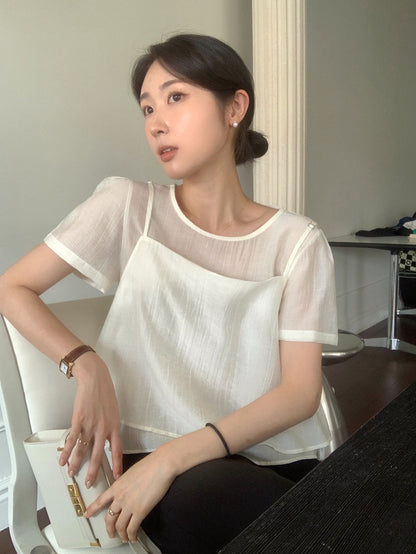 Puff Sleeve Chiffon Blouse + Textured Layered Camisole Set