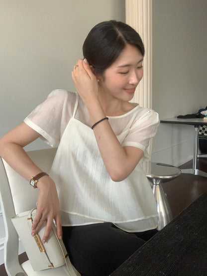 Puff Sleeve Chiffon Blouse + Textured Layered Camisole Set