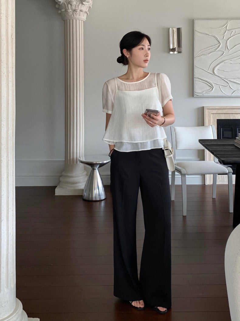 Puff Sleeve Chiffon Blouse + Textured Layered Camisole Set